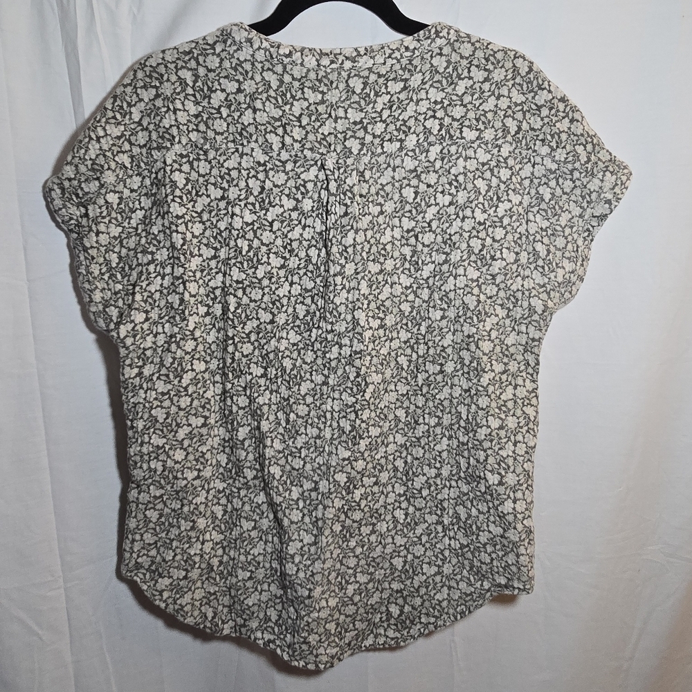Faherty Short Cap Sleeve Reversible Striped Ditzy Floral Button Front Top, sz L - Picture 7 of 8